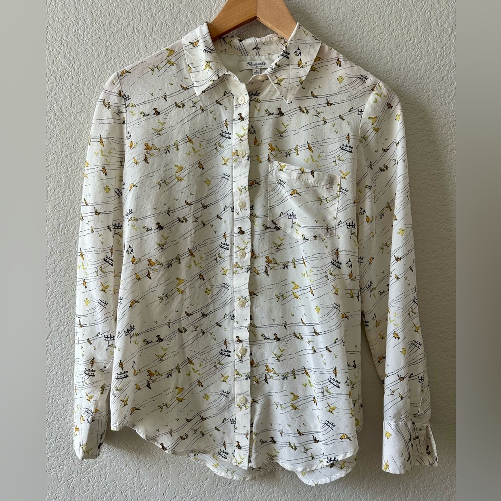 Madewell Silk White Shirt with Bird Pattern Women’s size S